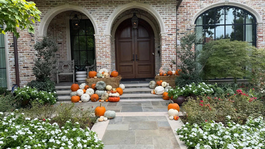 Luxury porch pumpkin display with stacked heirloom pumpkins and hay bales on stone steps, Dallas-Fort Worth